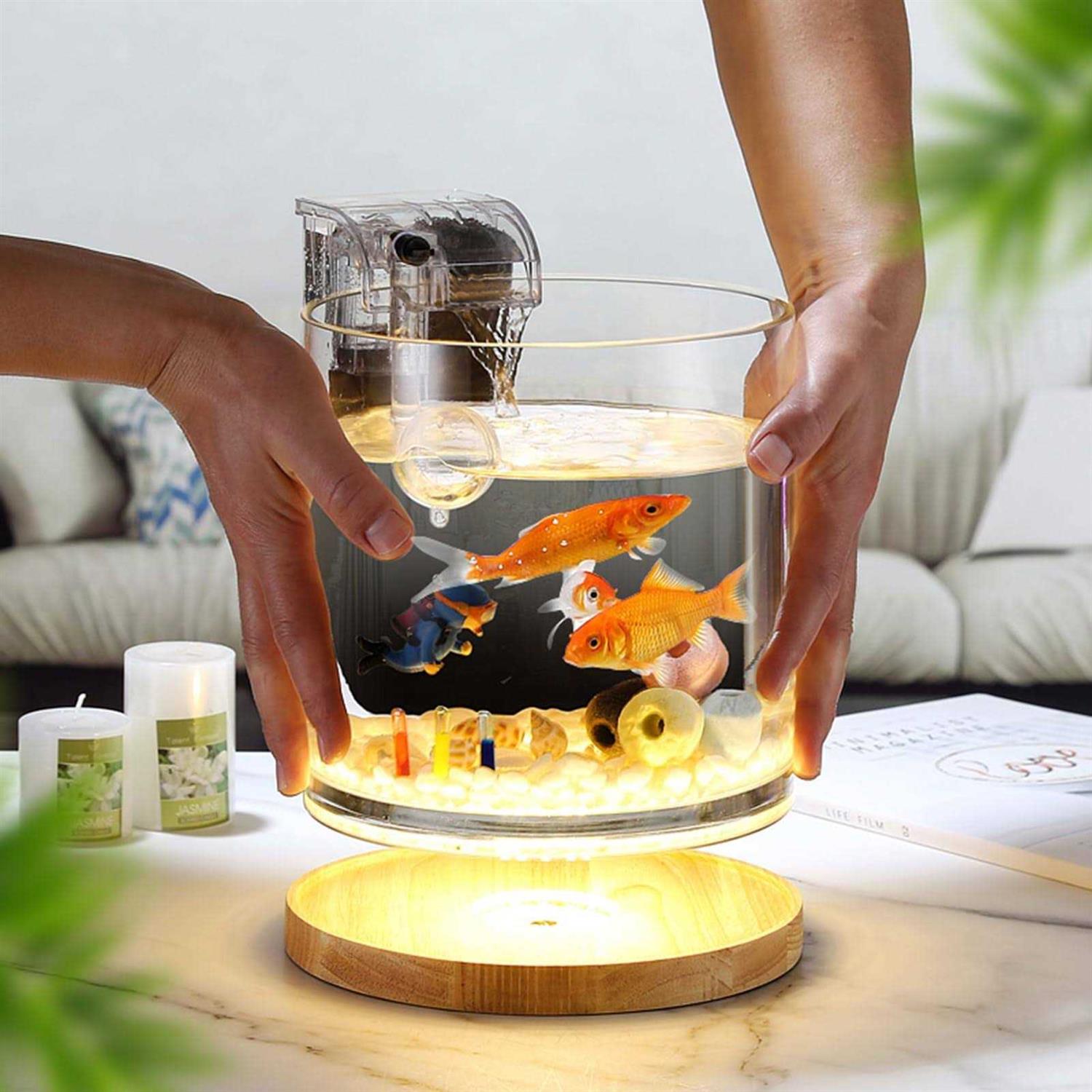 Aquarium Starter Kit 0.81-Gallon Fish Tank for Beginner Cylindrical Betta Fish Bowl with Wooden Base LED Light Water Pump U713497