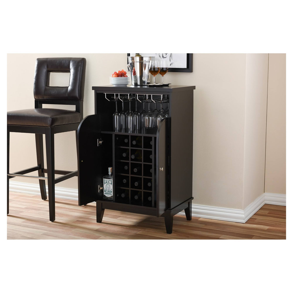 Modern Wood Dry Bar and Wine Cabinet, Dark Brown L889