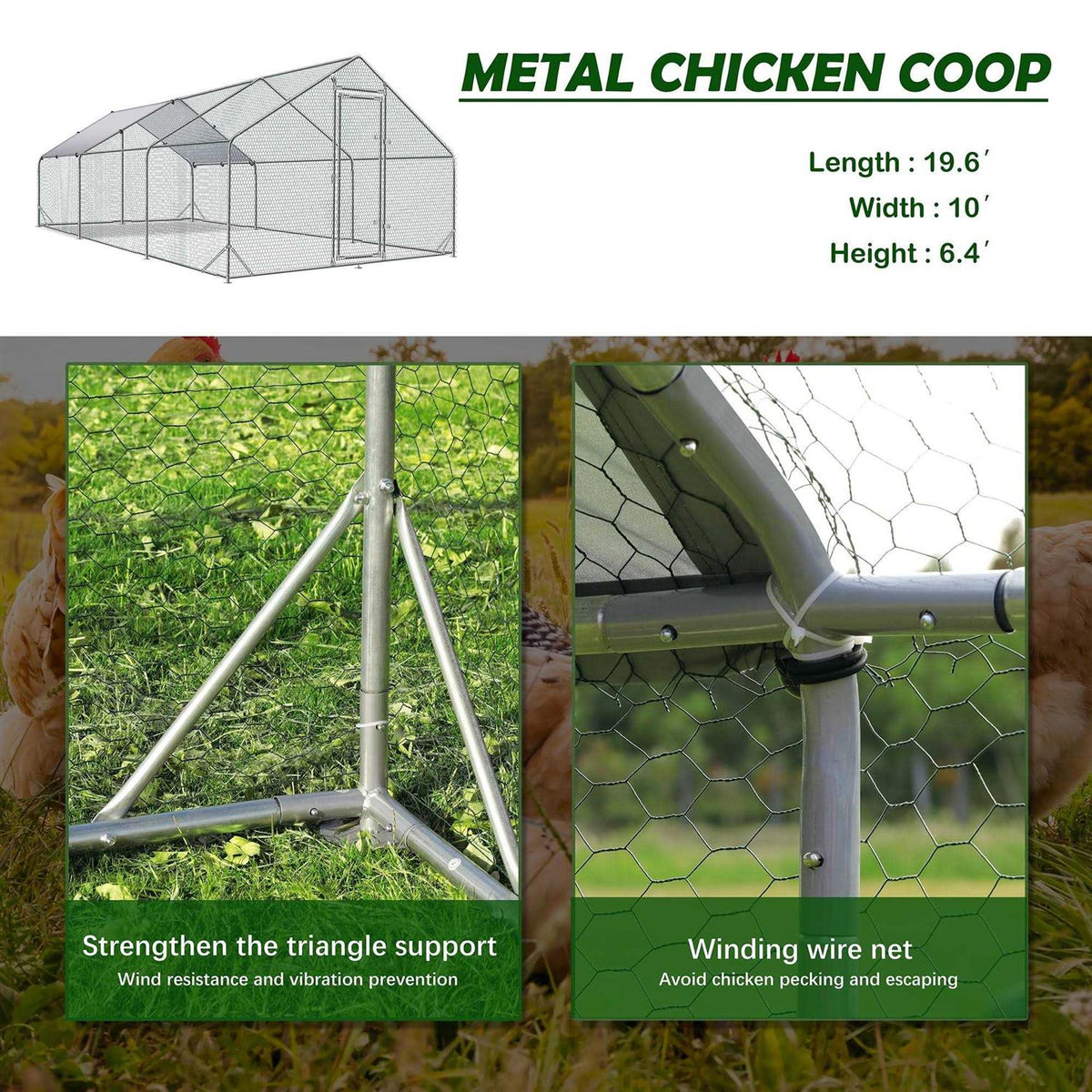 Large Metal Chicken Coop with Wire Mesh Run N2886