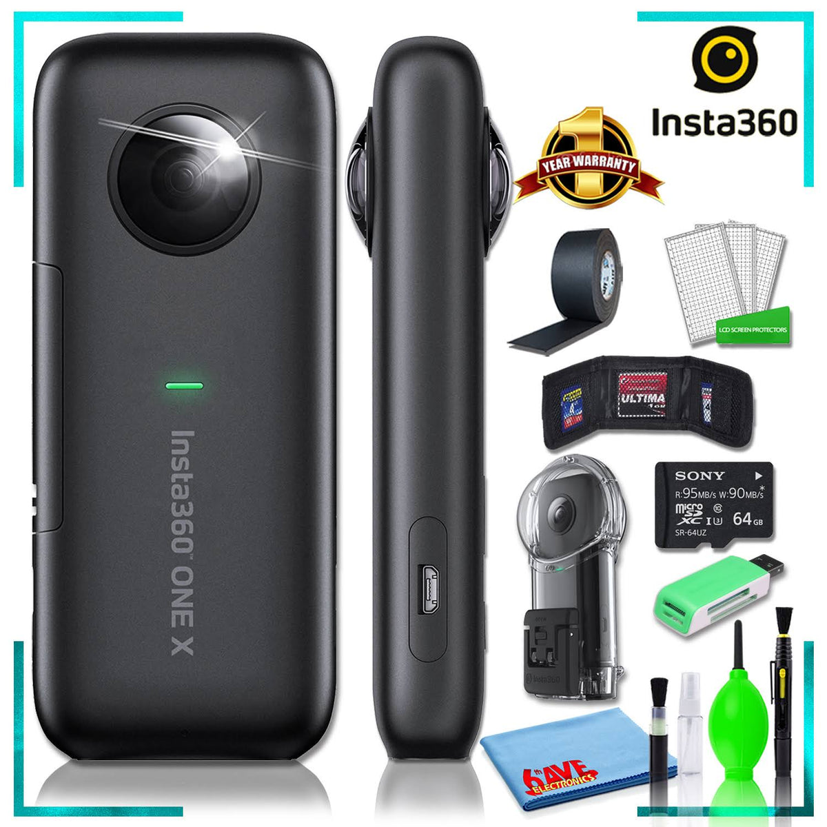 Insta360 One x 360 Action Camera + Insta360 Dive Case + 64GB Micro SDXC Memory Card Bundle + Gaffer Tape + Cleaning Kit