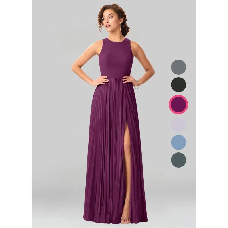 Azazie A-Line/Princess Scoop Floor-Length Chiffon Bridesmaid Dresses - Raspberry