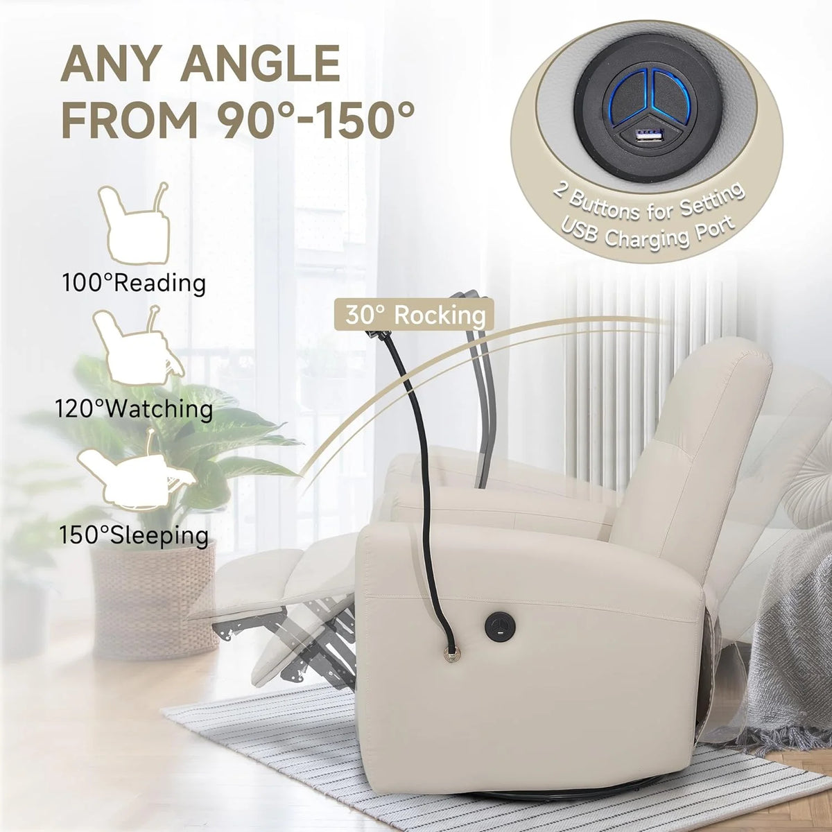 Swivel Rocking Recliner Chair with USB Port and Phone Holder, Creamy White Z675858