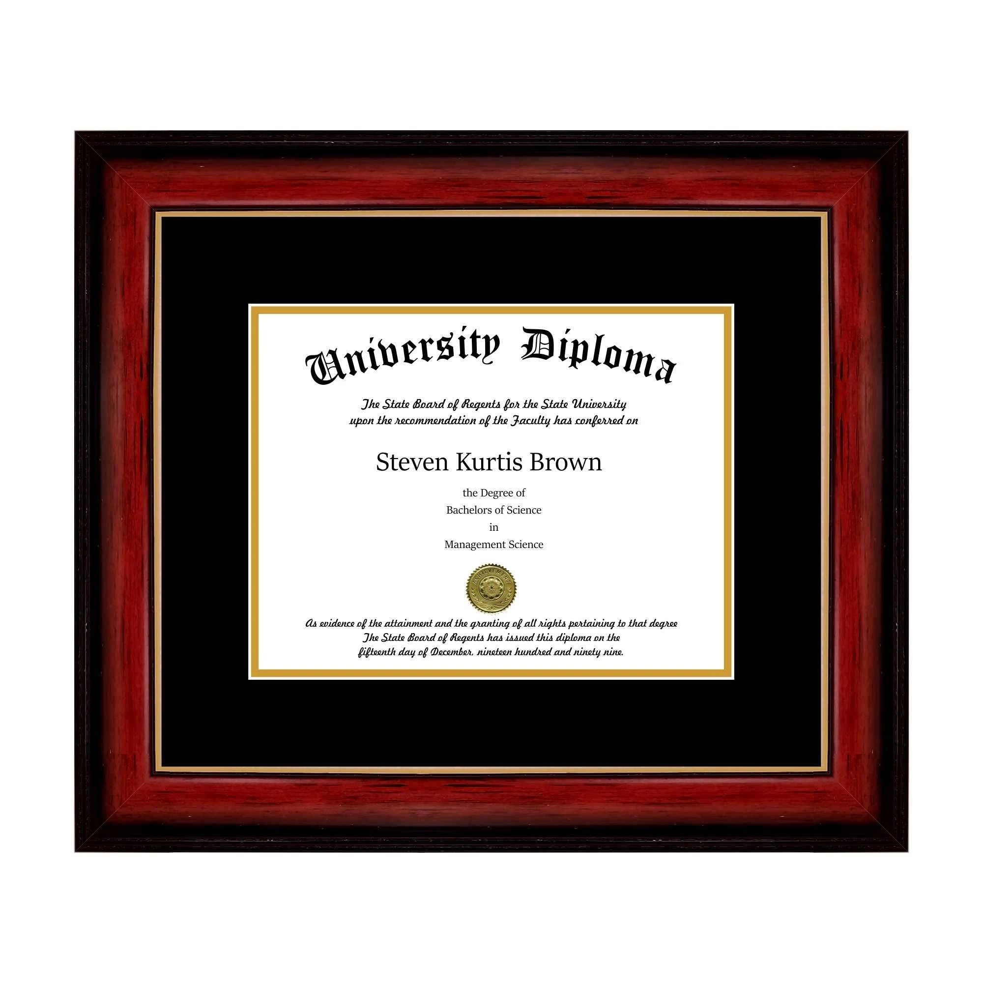 Perfect Cases Single Diploma Frame with Double Matting for 15x22 x 12x22 Tall Diploma with Mahogany with Gold Lip 1 5/8x22 Frame