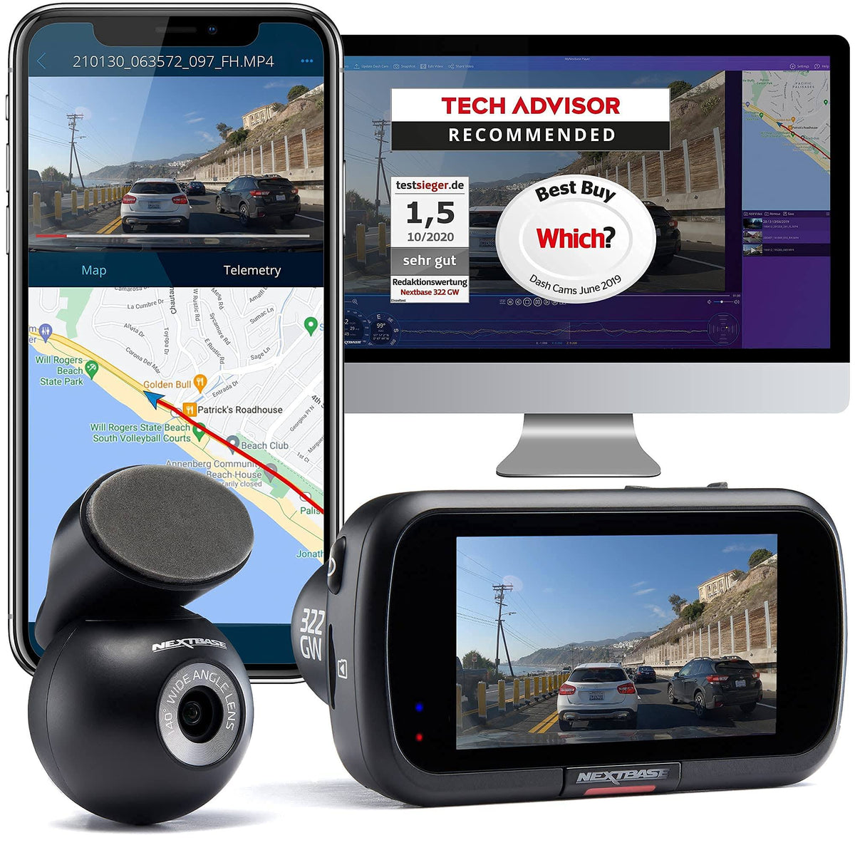 Nextbase 322GW Dash Cam Front and Rear Camera- Full 1080p/60fps HD in Car Camera- WiFi Bluetooth GPS- SOS Emergency Response, In