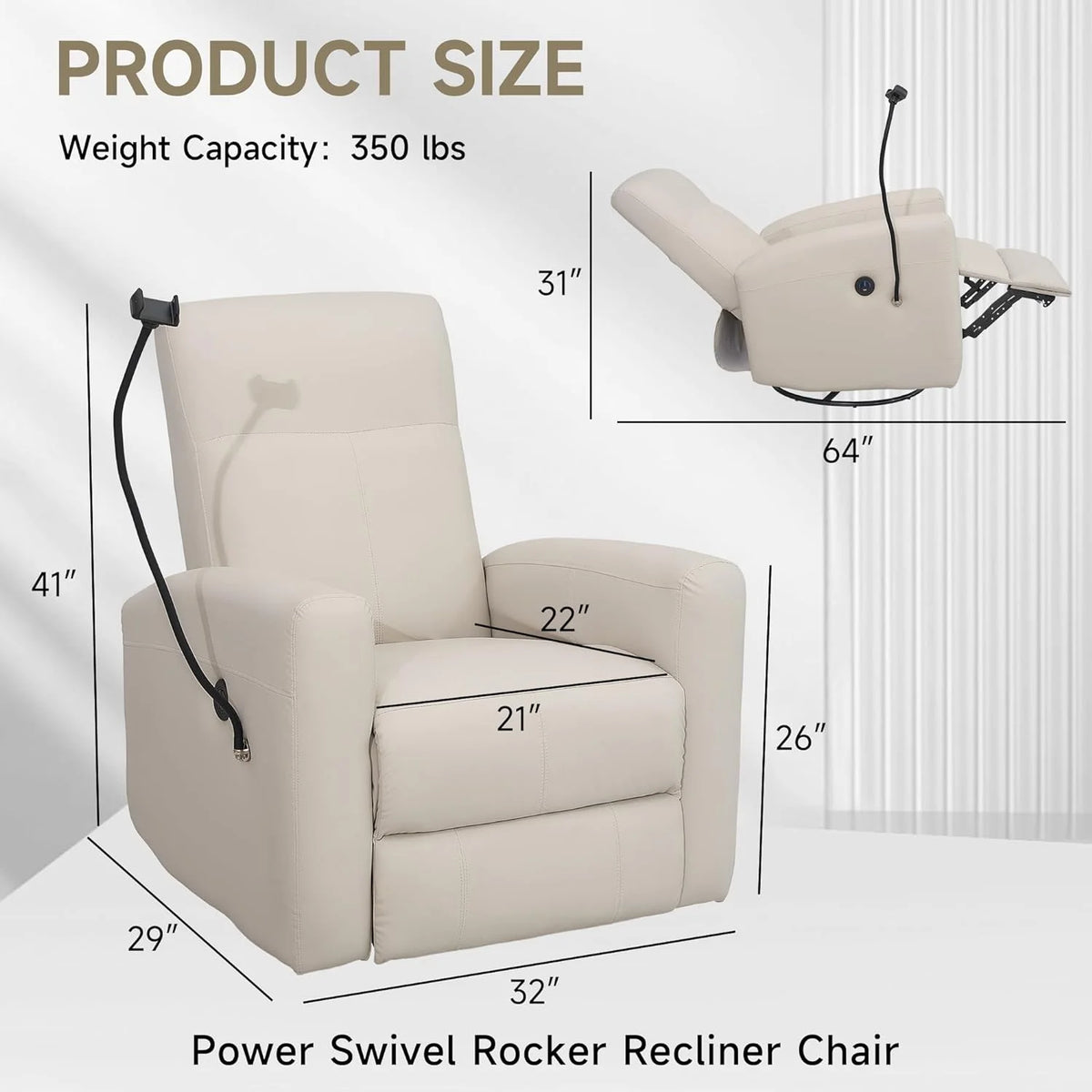 Swivel Rocking Recliner Chair with USB Port and Phone Holder, Creamy White Z675858