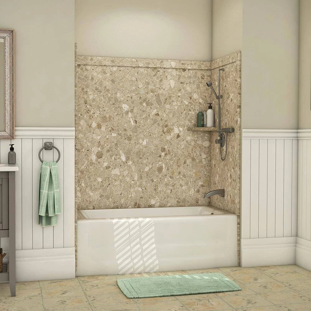 FlexStone Elite 32 in. x 60 in. x 60 in. 9-Piece Easy Up Adhesive Alcove Tub Surround in Petrafini
