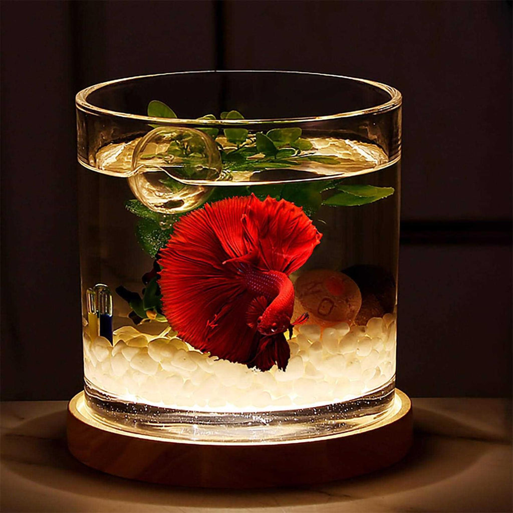 Aquarium Starter Kit 0.81-Gallon Fish Tank for Beginner Cylindrical Betta Fish Bowl with Wooden Base LED Light Water Pump U713497