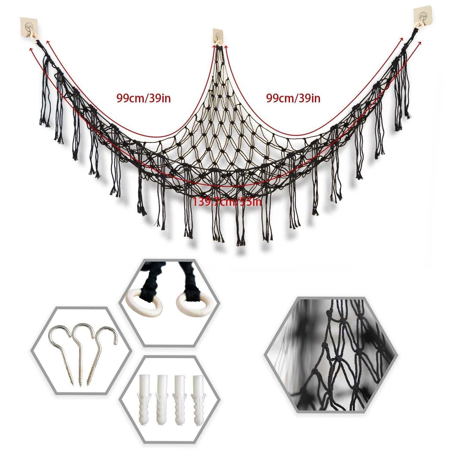 Boho Stuffed Animal Storage Hammock, 55 Inch Mesh Hanging Net Holder W60660