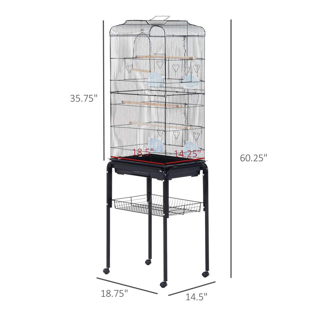 Metal Indoor Bird Cage with Rolling Stand and Storage Basket P654