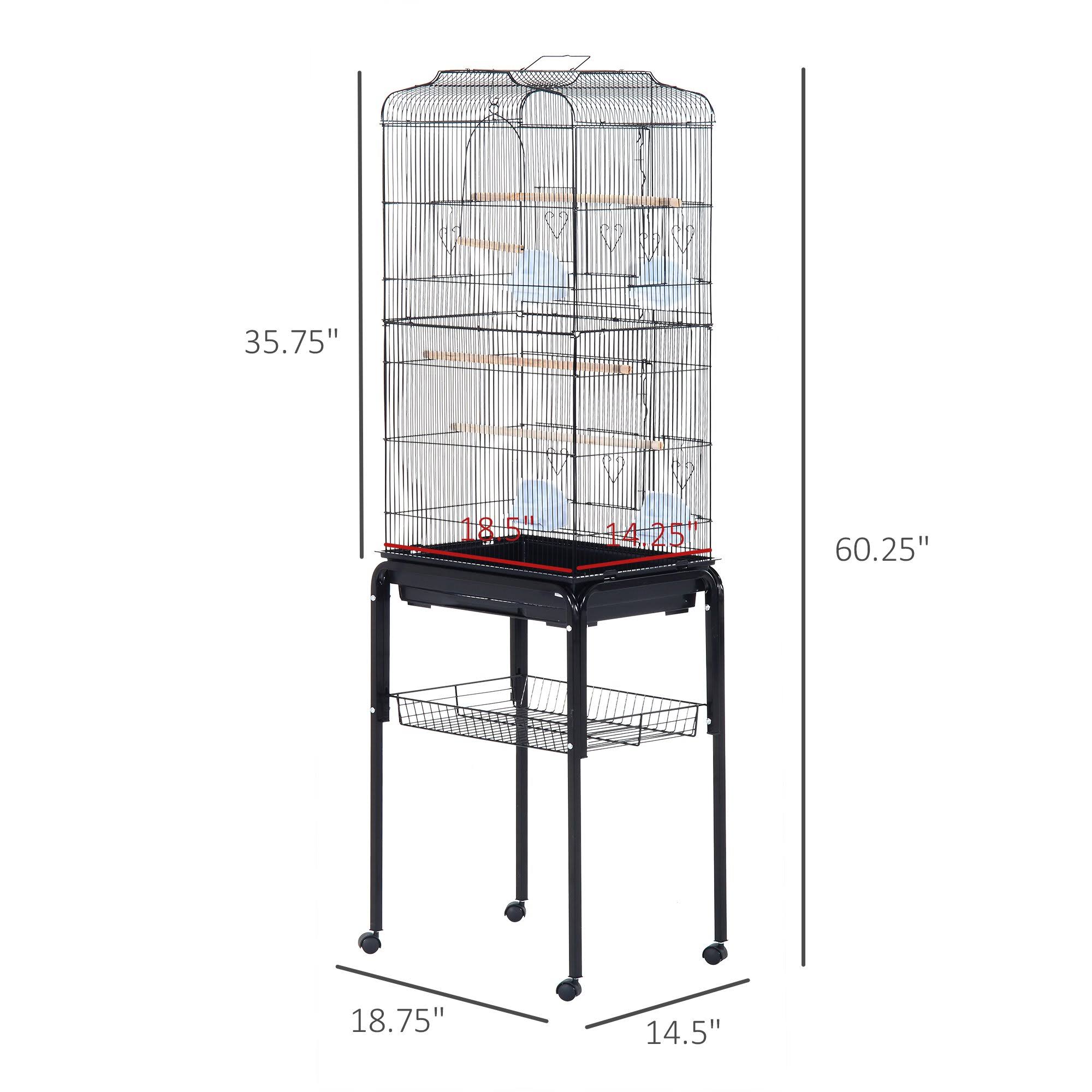 Metal Indoor Bird Cage with Rolling Stand and Storage Basket P654