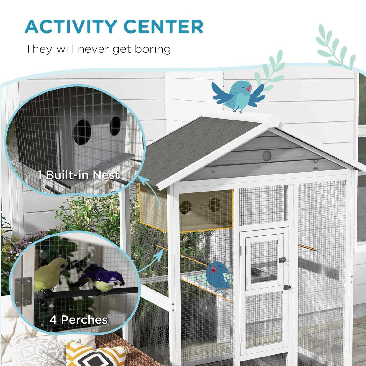 Wooden Bird Cage Aviary with 4 Perches, Nest and Slide-Out Tray Q18541
