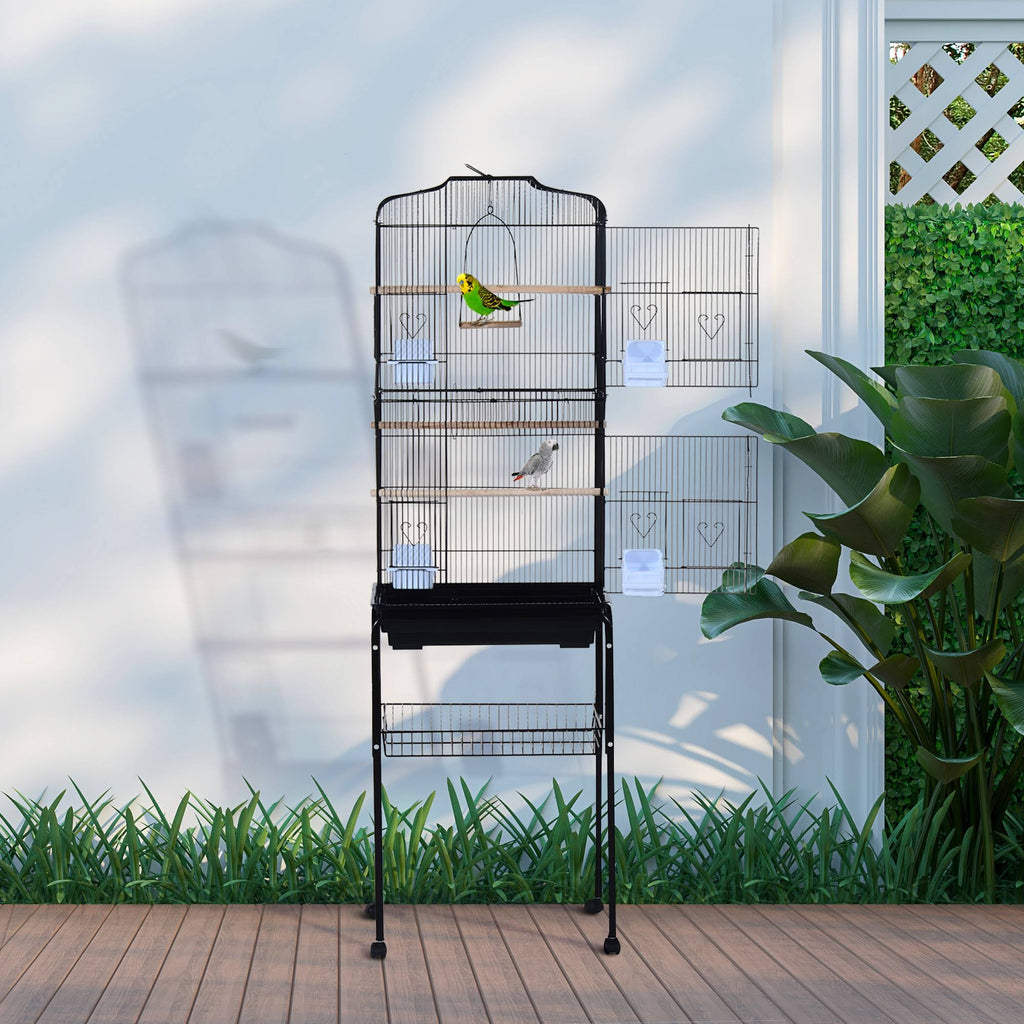 Metal Indoor Bird Cage with Rolling Stand and Storage Basket P654