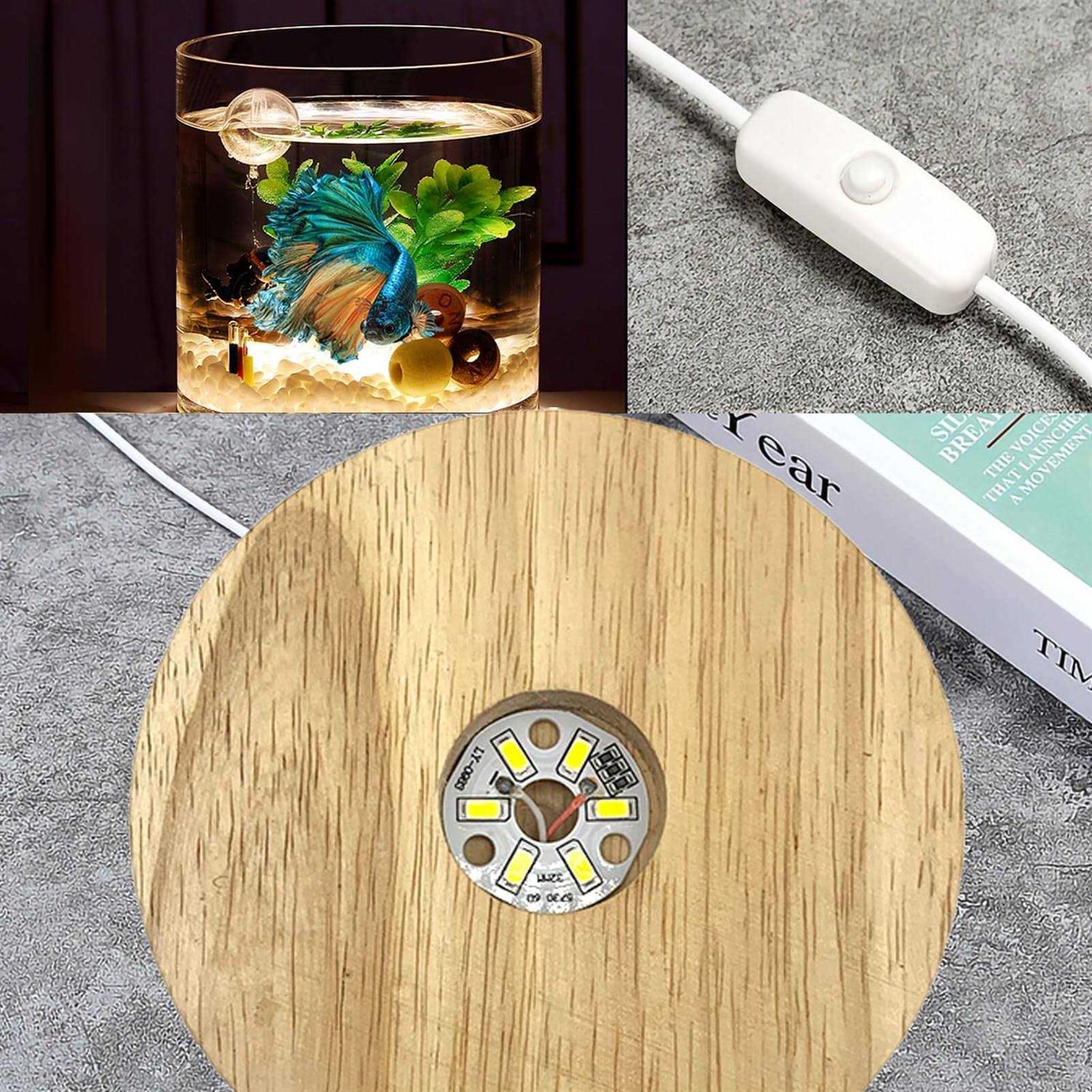 Aquarium Starter Kit 0.81-Gallon Fish Tank for Beginner Cylindrical Betta Fish Bowl with Wooden Base LED Light Water Pump U713497