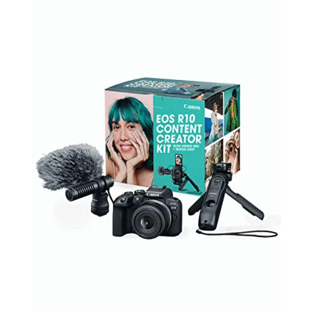 Canon EOS R10 Content Creator Kit - Mirrorless Vlogging Camera, 24.2 MP, 4K Video, DIGIC X Image Processor, RF-S18-45mm F4.5-6.3 is STM Lens - Stereo Microphone, Tripod Grip, Wireless Remote Control