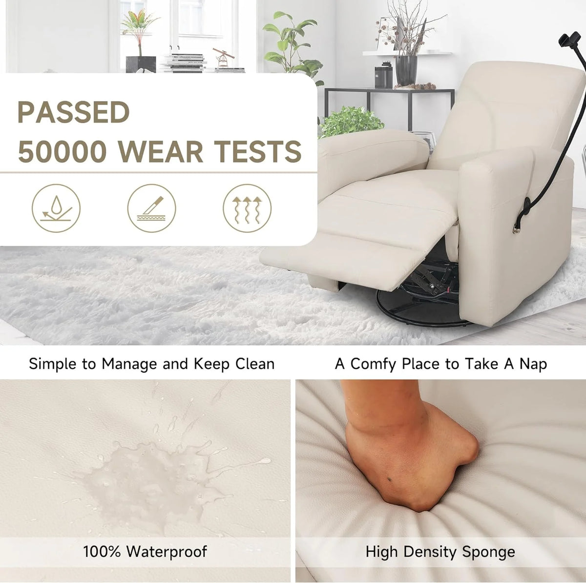 Swivel Rocking Recliner Chair with USB Port and Phone Holder, Creamy White Z675858