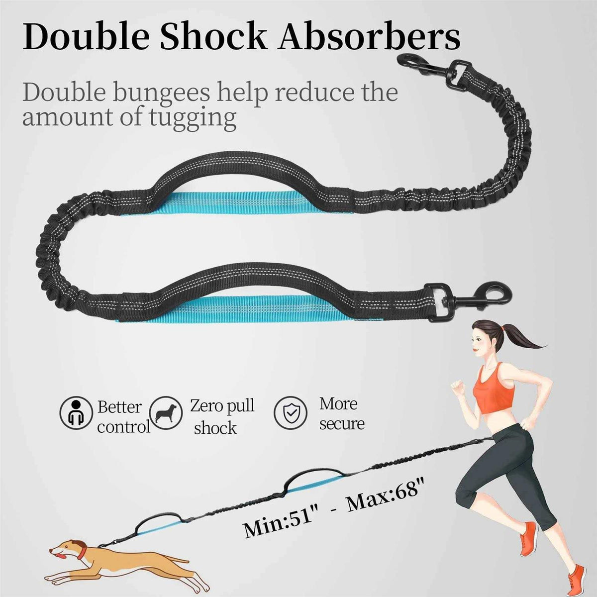 Hands Free Dog Leash with Zipper Pouch, Dual Padded Handles and Durable Bungee T4060