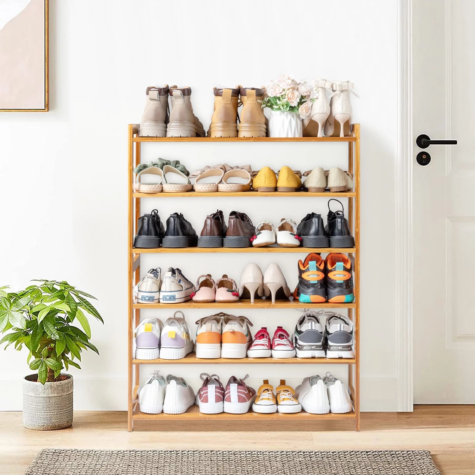 Bamboo Wood Shoe Rack 6-Tier Storage Organizer for Entryway Bedroom C5379