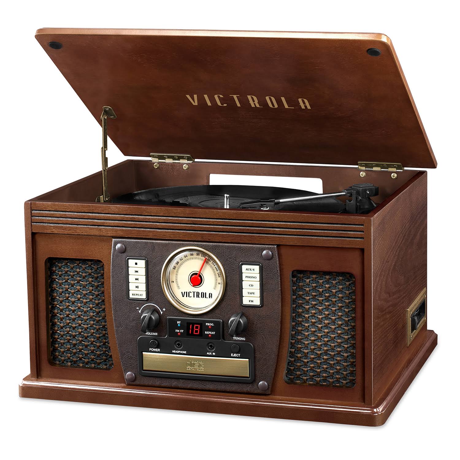 Victrola&s 7-in-1 Sherwood Bluetooth Recordable Record Player with 3-Speed Turntable, CD, Cassette Player and FM Radio