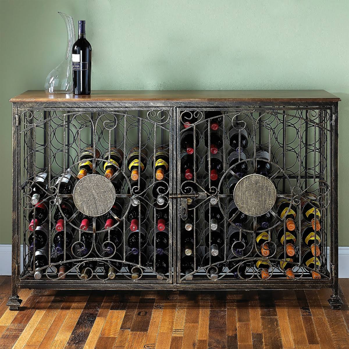 Antiqued Steel 84-Bottle Wine Rack Console X28239
