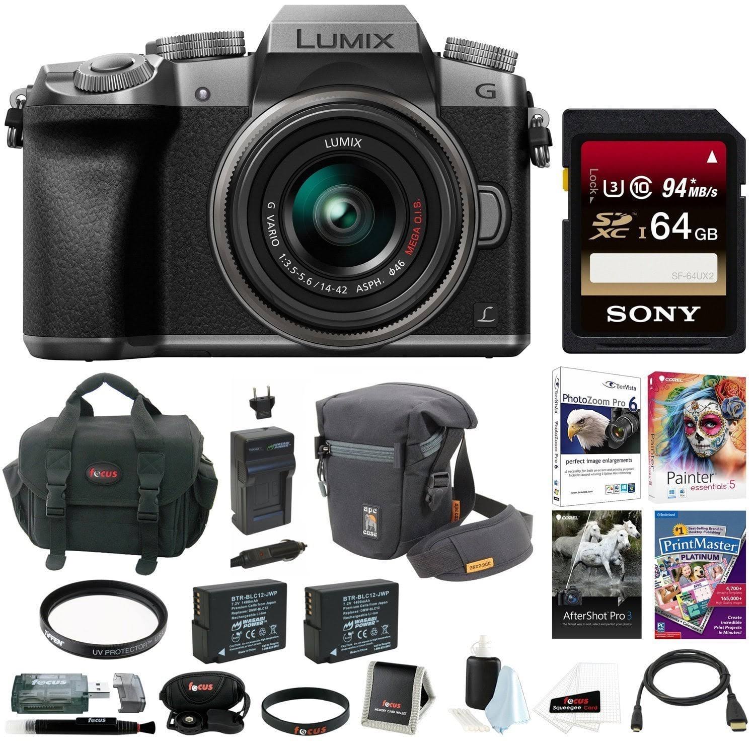 Panasonic Lumix G7 Camera with 14-42mm Lens (Silver) w/ 64GB SD Card Bundle