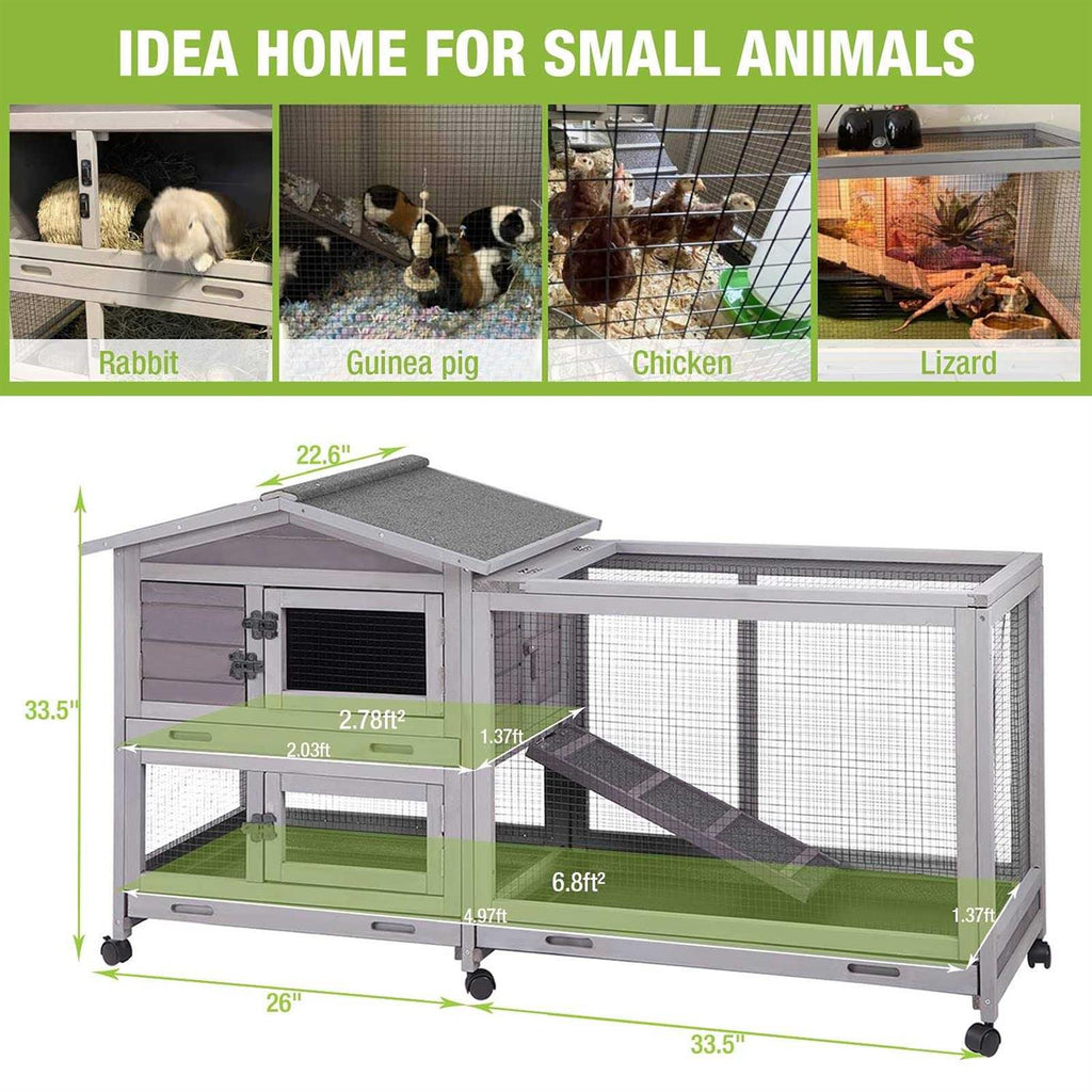 Large Rabbit Hutch with Wheels and Run for Small Animals P909