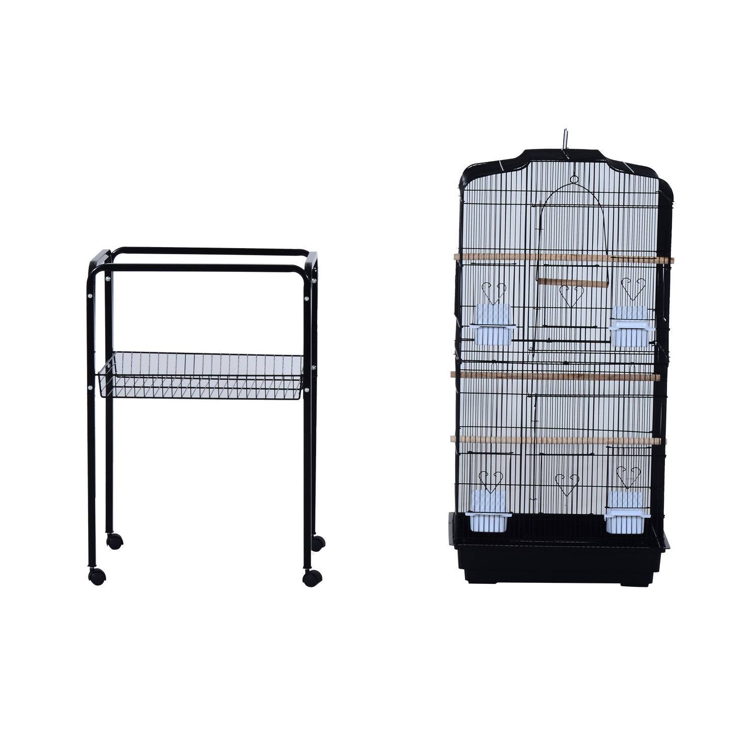 Metal Indoor Bird Cage with Rolling Stand and Storage Basket P654