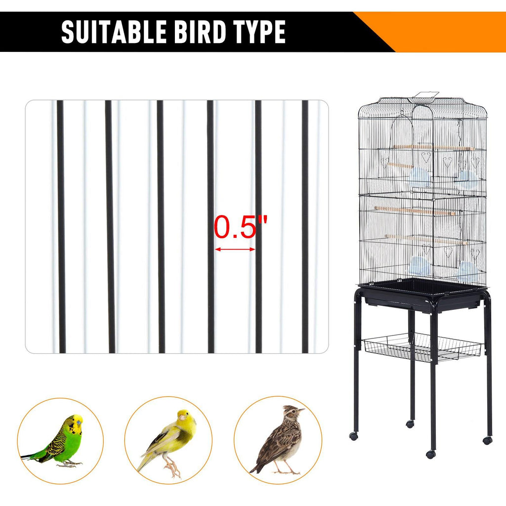 Metal Indoor Bird Cage with Rolling Stand and Storage Basket P654